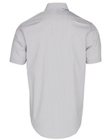A men's short-sleeve button-up shirt in light grey with a subtle ticking stripe pattern and collar.