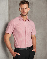 Men's short sleeve button-up shirt in red and white stripes, featuring a chest pocket and a logo.