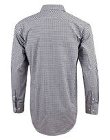 A black and white gingham check roll-up long sleeve shirt with a button-up design and a logo.