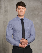 A button-up shirt featuring a two-tone check pattern in navy and white, with long sleeves and a black tie.