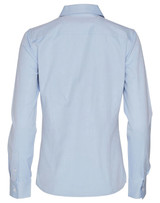 A long-sleeved, button-up shirt in light blue, featuring a simple design and a back view. Includes a logo.