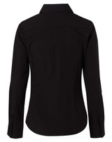 A black women's long-sleeve button-up shirt featuring a classic collar and fitted design. Includes branding.