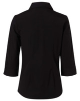 A black women's cotton/poly stretch shirt with 3/4 sleeves and a collar, featuring a smooth back design.