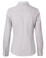 A women's long-sleeve button-up shirt in light blue and white ticking stripes, featuring a collar and back yoke.