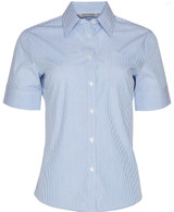 A blue and white striped women's short sleeve button-up shirt featuring a collar and a logo.