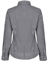 A black and white gingham check women's roll-up long sleeve button-up shirt, featuring a fitted design and collar.