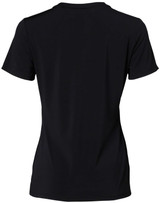 A black ladies’ V-neck short sleeve knit top, featuring a simple design and a logo on the back.
