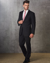 A men's poly/viscose stretch jacket in black, paired with a white shirt and pink tie, set against a textured backdrop.
