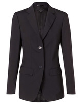 A black women's mid-length jacket with a tailored fit, featuring a two-button closure and lapel collar.