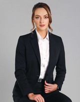 A tailored black cropped jacket with one button, featuring a fitted silhouette and formal style.