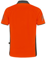 An orange polo shirt with contrasting grey detailing and a logo on the side.