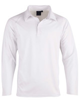 A long-sleeve white cricket polo shirt with a collar and a branding logo.