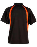 A black polo shirt featuring orange accent stripes, designed as a men's sporting garment. It includes a collar and has a logo.