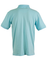 A light blue polo shirt with a collar and short sleeves, featuring a logo on the back.