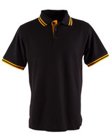 A black polo shirt with yellow striped accents on the collar and sleeves, featuring a logo on the chest.