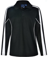 A kids' long sleeve polo shirt in black with white side panels and a collar, featuring a logo on the neck.
