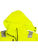 A bright yellow hooded softshell jacket with reflective tape and a detachable hood. Features a zip closure.
