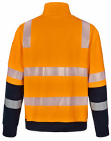 An orange and navy work jumper featuring reflective stripes and a collar, designed for safety.