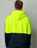 A hi-vis two-tone kangaroo pocket hoodie in bright yellow and navy, featuring a hood and a side zip pocket.