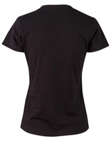 A black ladies' cotton semi-fitted tee with a classic crew neck and short sleeves. Includes branding on the back.