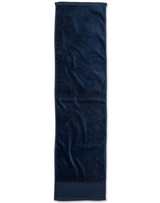 A dark blue terry velour fitness towel, measuring 110x30 cm, suitable for gym use. Features a logo on the side. A dark blue terry velour fitness towel, measuring 110x30 cm, suitable for gym use. Features a logo on the side.