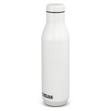 A drink bottle with a sleek white design, featuring a logo at the base. It holds 750ml.