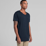 A navy blue t-shirt featuring a scoop neck design, displayed on a male model with a neutral background.