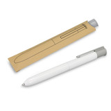 A white pen featuring a silver clip, displayed alongside its brown packaging with an illustration of the pen.