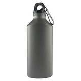 A drink bottle in a sleek matte grey finish, featuring a black top and a carabiner clip.