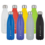 A drink bottle collection featuring various colours including white, red, yellow, green, blue, grey, and black, with metal accents.