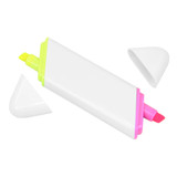 A highlighter with a white body featuring pink and yellow tips, accompanied by two white caps.