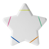 A star-shaped highlighter in white, featuring coloured bands in pink, yellow, blue, and green. It has a logo.