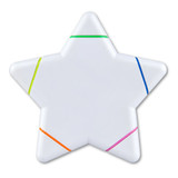 A star-shaped highlighter with sections in green, blue, orange, and pink. The body is white and features a logo.
