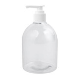 A clear plastic pump bottle containing 500ml of hand sanitiser gel with 75% alcohol.
