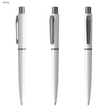 A white metal pen with a sleek design and a clip, featuring three different angles for view.