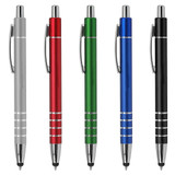 A collection of five metal stylus pens in silver, red, green, blue, and black, each featuring a clip and shiny accents.