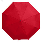 A red umbrella featuring eight segments and a central button. It has a simple design and a logo on the fabric.