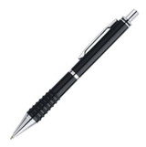 A black plastic pen with chrome accents and a textured grip, featuring a logo.