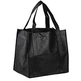 A black reusable shopping bag with sturdy handles and a spacious interior. Features a simple design without branding.