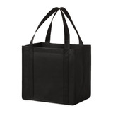 A black non-woven tote bag with two sturdy handles and a spacious interior, featuring a branding logo.