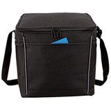 A black cooler bag with a zippered top and side mesh pockets, featuring a shoulder strap for easy carrying.