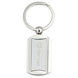 A silver metal keyring with a rectangular design and a logo feature.