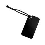 A black luggage tag with a tie, featuring an empty space for personal information.