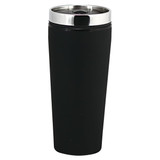 A drink bottle in black with a stainless steel lid and a sleek design. It features a logo on its surface.