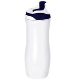 A drink bottle in white with a navy blue lid and spout, featuring a sleek, curved design and a logo.