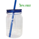 A drink bottle made of clear plastic with a blue lid and straw, marked as BPA free.