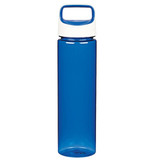 A drink bottle in bright blue with a white cap and a handle on the lid. It features a logo on the side.