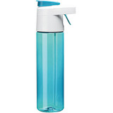 A drink bottle in a gradient of blue and clear with a white lid and a logo.