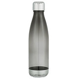 A drink bottle in a grey transparent finish with a silver cap and base, featuring a logo.