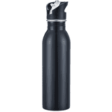 A drink bottle in a sleek black colour with a twist cap and a loop for carrying. It features a logo.